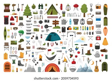 Collection of illustrations on the theme of camping in a flat style.