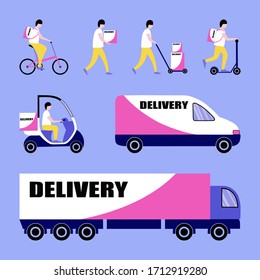 Collection of illustrations on the theme of delivery. Delivery by truck, car, scooter, bicycle, scooter. Vector illustration in a flat style