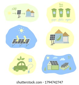 Recopilación de ilustraciones sobre el tema de la ecología, la energía verde y el reciclado de residuos; ilustración vectorial