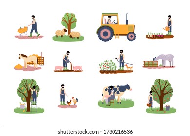 Collection of illustrations on the theme of farm. Harvesting and watering, feeding animals, milking a cow, working on a tractor.
Colorful flat vector drawing.