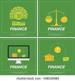 Collection of illustrations on the theme of finance. Libra, money and gold coins on a green background. Business Concept. Flat vector illustration EPS10