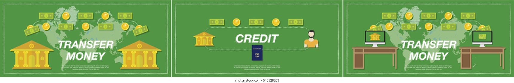 Collection of illustrations on the theme of finance. Bank, money and gold coins on a green background. Business Concept. Flat vector illustration EPS10