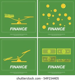 Collection of illustrations on the theme of finance. Libra, money and gold coins on a green background. Business Concept. Flat vector illustration EPS10