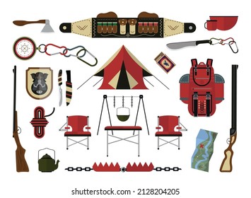 Colección de ilustraciones sobre el tema de la caza en un estilo plano.