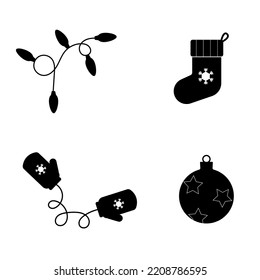 Una colección de ilustraciones sobre el tema del año nuevo. Garland, mittens, decoración para el árbol de Navidad.