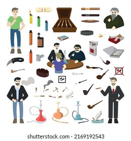 Collection of illustrations on the theme of smoking. All types of cigarettes, vapes. Smoking characters.