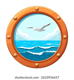 Esta ilustração apresenta um buraco redondo revelando uma paisagem oceânica serena. Uma gaivota voadora desliza sobre ondas suaves sob um céu azul claro adornado com nuvens macias.
