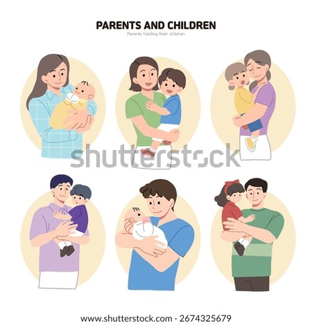 A collection of illustrations of parent and child hugs