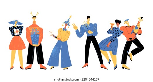 Collection of illustrations of people with confetti, gifts and sparkling wine. Happy men and women celebrating Christmas and New Year in cartoon style