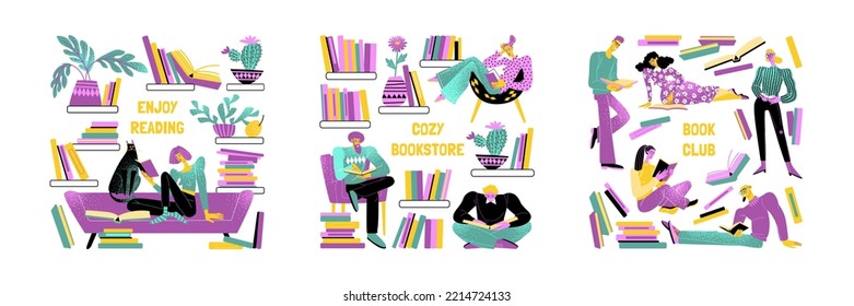 Collection of illustrations with people reading books. Images for banners of a reading club or a cozy bookstore. Cartoon characters in flat style