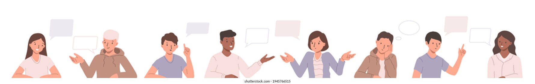 Colección de ilustraciones con personas y burbujas de voz. Coloquio de dibujos con hombres y mujeres hablando y discutiendo acerca del olor. Ilustración vectorial de dibujos animados planos