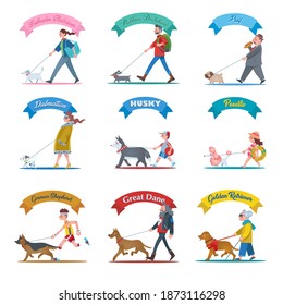 A collection of illustrations of people walking their different types of dogs