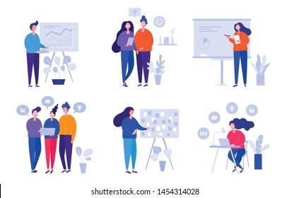 Collection of illustrations with people working in the office, making a presentation, negotiating and discussing business issues, developing ideas. Flat cartoon vector banners.