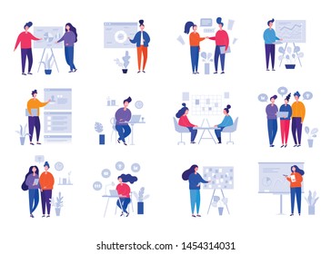 Collection of illustrations with people working in the office, making a presentation, negotiating and discussing business issues, developing ideas. Flat cartoon vector banners.