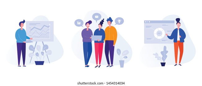 Collection of illustrations with people working in the office, making a presentation, negotiating and discussing business issues, developing ideas. Flat cartoon vector banners.