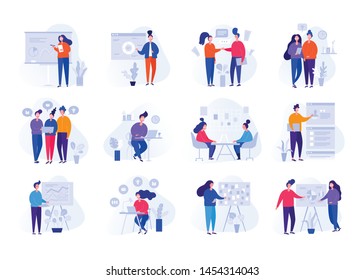 Collection of illustrations with people working in the office, making a presentation, negotiating and discussing business issues, developing ideas. Flat cartoon vector banners.