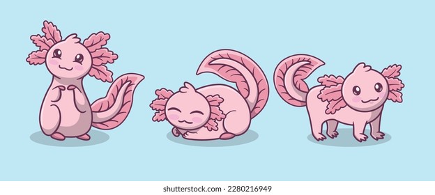 A collection of illustrations of pink and cute axolotls in cartoon style 