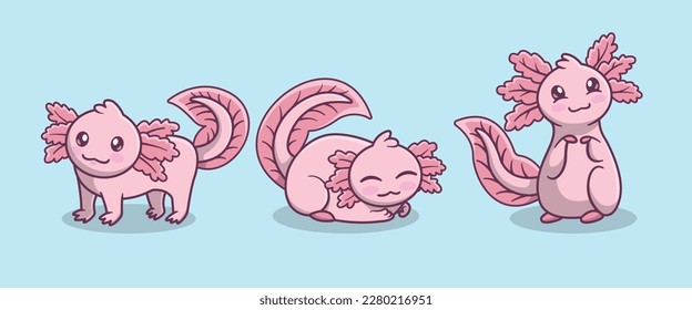 A collection of illustrations of pink and cute axolotls in cartoon style 