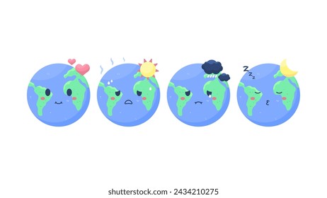 collection of illustrations of planet earth characters. various expressions. earth with symbols of love, heat, cloudy, sleep. weather. Earth Day. flat style illustration concept design. graphic