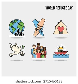 A collection of illustrations representing refugees and global unity