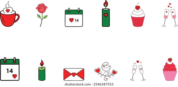 Uma coleção de ilustrações representando os temas do Dia dos Namorados uma xícara de café com um coração, uma rosa, um calendário com o 14o marcado, uma vela com um coração, um cupcake com um coração, flautas de champanhe 