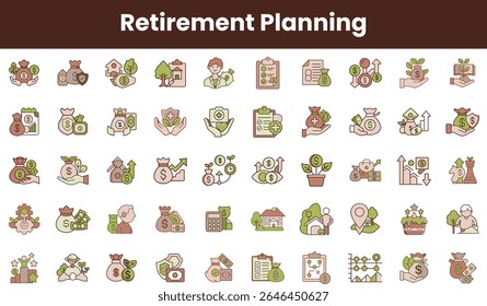 Uma coleção de ilustrações que representam vários aspectos do planejamento de aposentadoria, apresentando ícones diversos como economia, investimentos, saúde e crescimento financeiro em cores suaves.