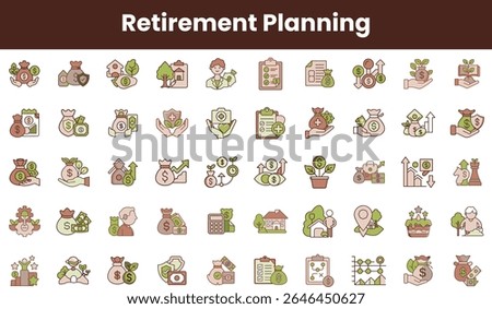 A collection of illustrations representing various aspects of retirement planning, featuring diverse icons like savings, investments, health, and financial growth in soft colors.
