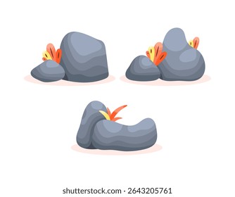 coleção de ilustrações de rochas com grama. rochas e grama em cor laranja ou amarela. plantas ou vegetação. design de estilo plano. conjunto de elementos de ativos. adesivos, decorações, ornamentos
