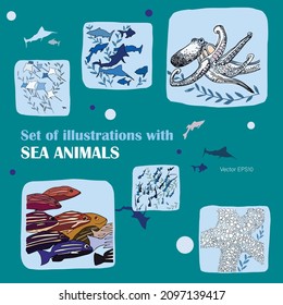 Collection of illustrations of sea animals. Marine characters. Inhabitants of the seas and oceans. Fish and sharks. Starfish and octopuses. Illustration in vector