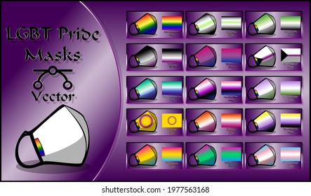 Collection of illustrations, set with 13 lgbt masks and their respective flags