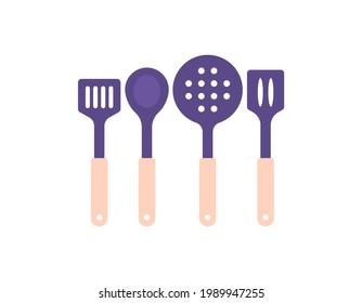 a collection of illustrations of shapes or various types of spatulas. cooking tools. flat cartoon style. vector element design