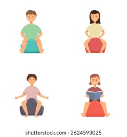 Collection of illustrations showcasing children sitting comfortably on colorful bean bags