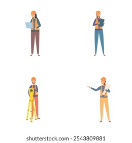 Coleção de ilustrações mostrando engenheiros com ferramentas e tecnologia para diversos projetos