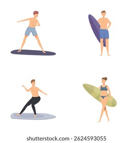Collection of illustrations showcasing individuals practicing yoga and surfing