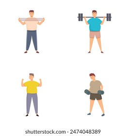 Collection of illustrations showcasing men in different poses lifting weights, depicting strength and fitness routines