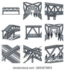 A collection of illustrations showcasing various modern pedestrian bridges and elevated walkways with structural details and people.