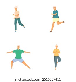 Collection of illustrations showing an active senior man participating in different exercises