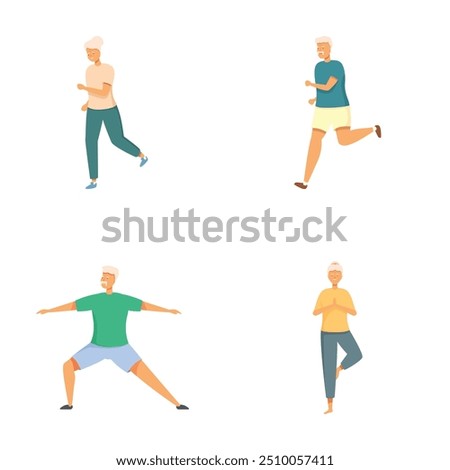 Collection of illustrations showing an active senior man participating in different exercises
