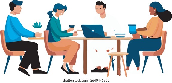 A collection of illustrations showing business meetings and team collaborations, featuring people interacting around tables in professional settings.