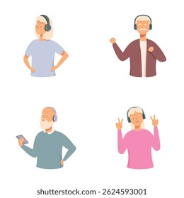 Coleção de ilustrações mostrando idosos com fones de ouvido ligados, desfrutando de música