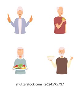 Collection of illustrations showing a happy elderly woman preparing and enjoying nutritious meals