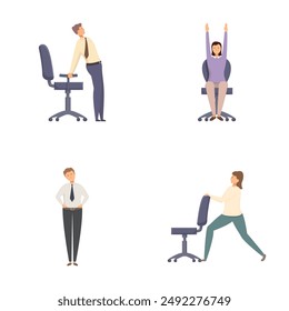 Collection of illustrations showing office workers performing simple exercises at their workplace