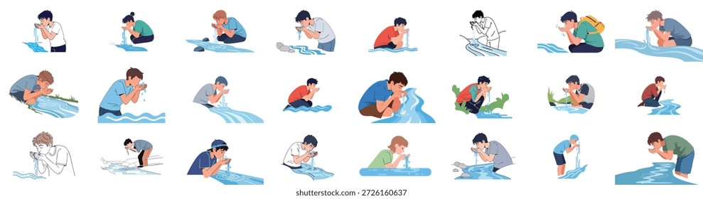 Colección de ilustraciones que muestran a personas bebiendo agua fresca y limpia de fuentes naturales como ríos y arroyos usando sus manos ahuecadas para hidratarse y refrescarse.