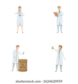 Collection of illustrations showing scientists with lab equipment and conducting research