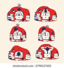 Collection of illustrations showing workplace stress, burnout, anxiety, frustration, and mental overload