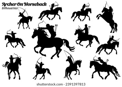 Collection of illustrations of silhouettes of archers riding horses