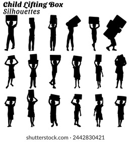 Collection of illustrations of silhouettes of children lifting boxes