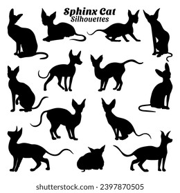 Collection of illustrations of silhouettes of sphynx cat