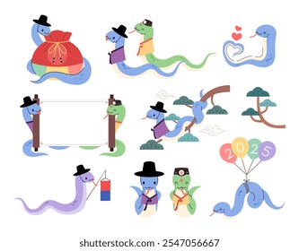 Uma coleção de ilustrações de personagens de cobras para o conceito de Ano da Cobra 2025 da Coreia. Cobras usando hanbok.