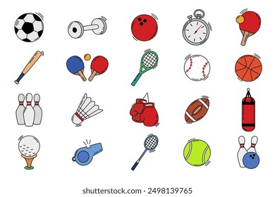 Una colección de ilustraciones de Elementos de equipos deportivos en estilo doodle, aptos para su uso en diversos diseños como carteles, Anuncios, redes sociales, folletos y otros relacionados con los deportes.